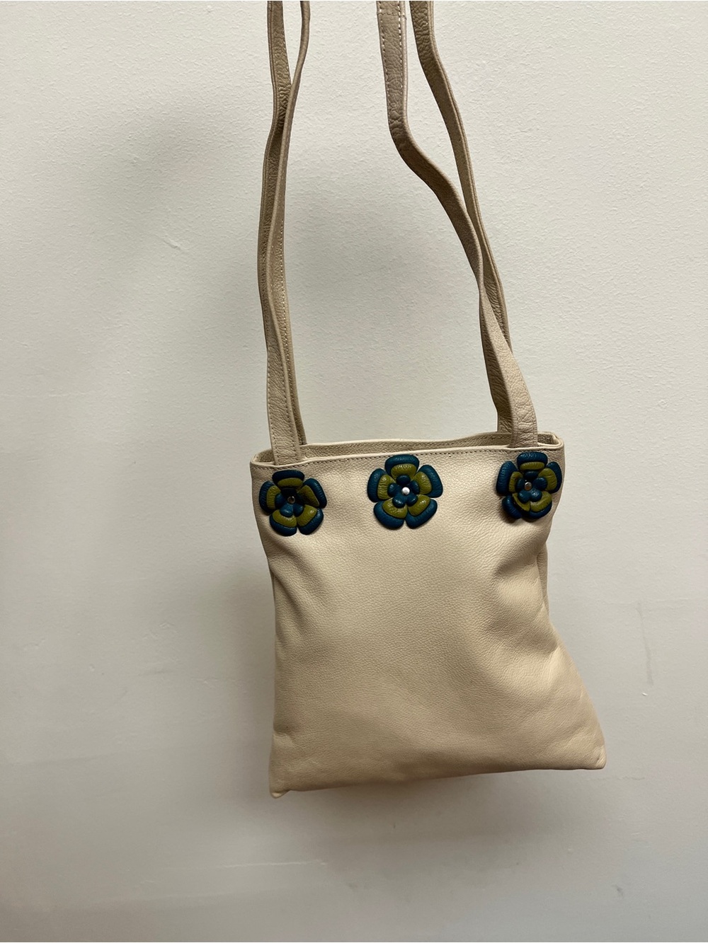 Beige Leather Tote with leather Blue Floral Appliqué